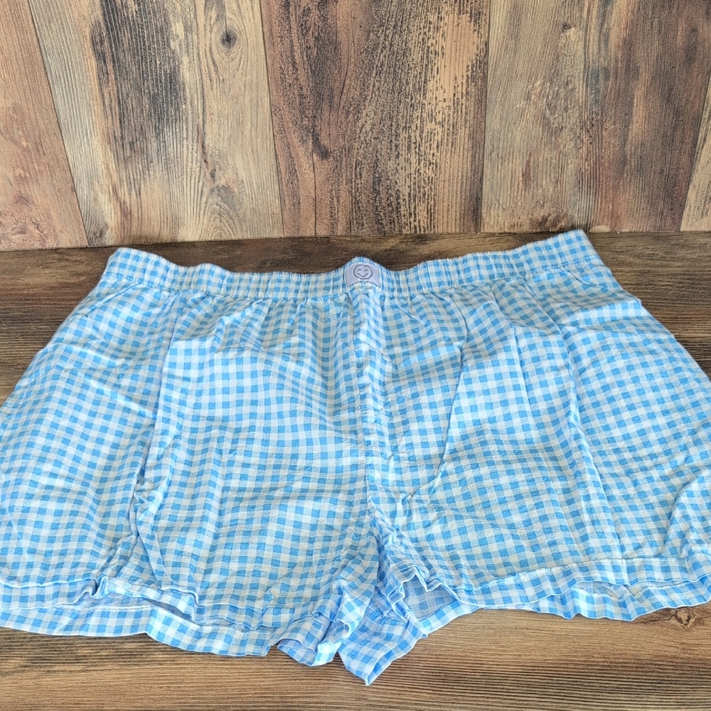 Bobbie Brooks Light Blue Checkered High Waist Lounge Shorts 2X W143